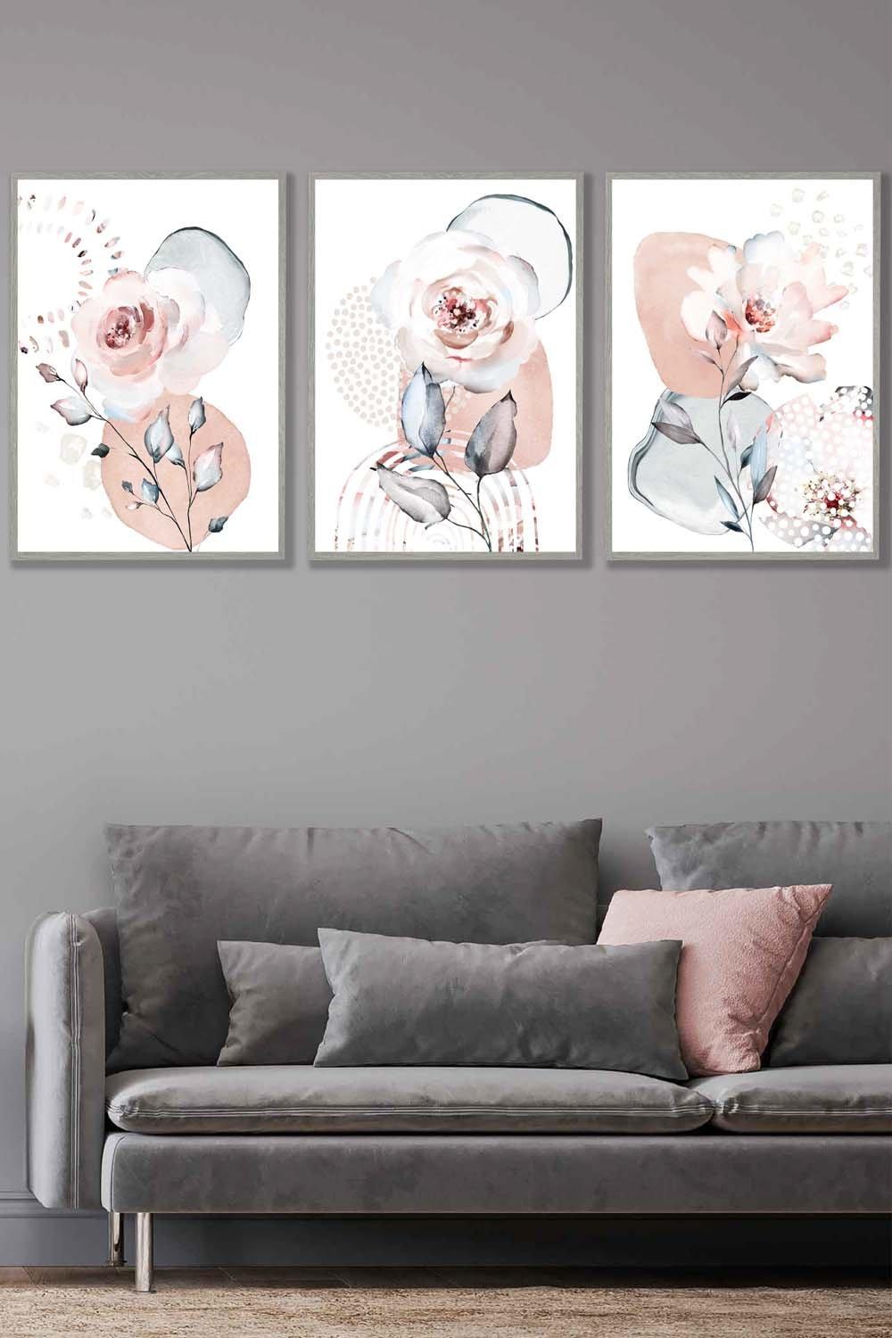 Set of 3 Light Grey Framed Abstract Blush Pink Botanical Wall Art